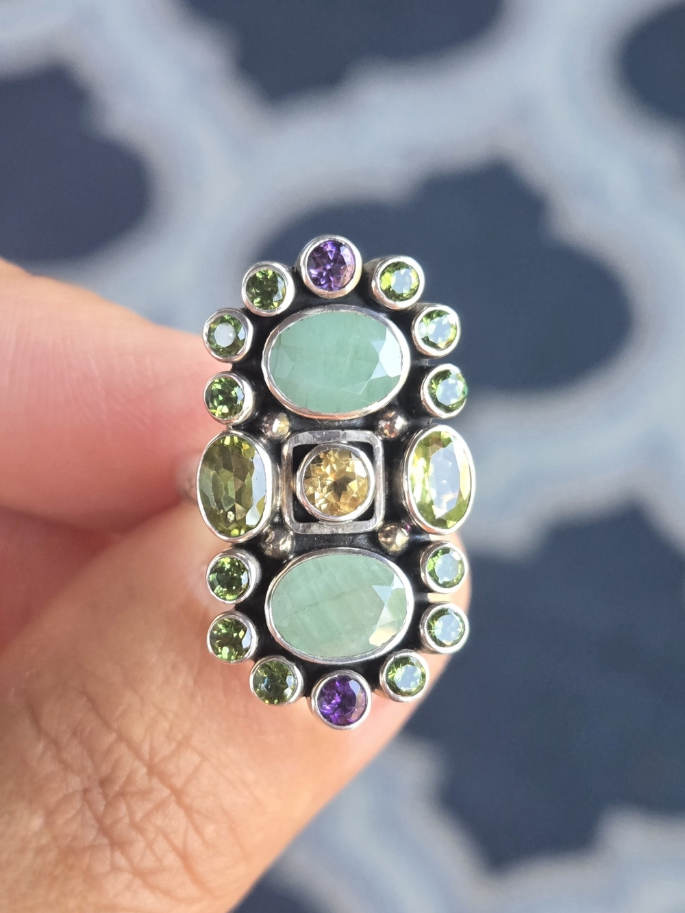 Nicky Butler Silver Ring with Aqua, Green & Purple Gemstones